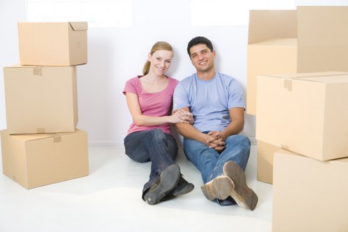 Packed boxes and furniture ready for removal van transport